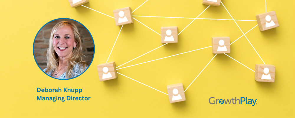 Yellow background with blocks connected with lines, headshot of Deborah Knupp Managing Director and GrowthPlay logo